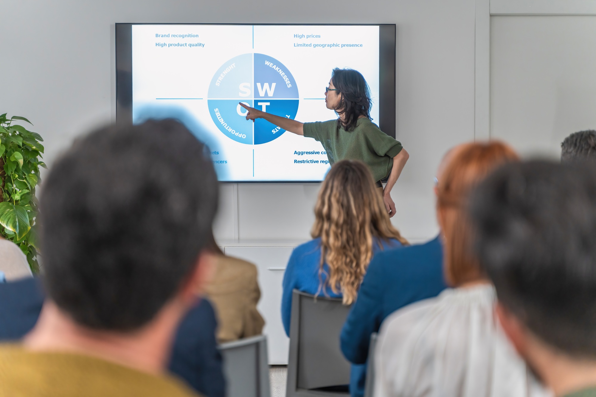 Leadership in Action: Japanese Woman Presenting SWOT Analysis